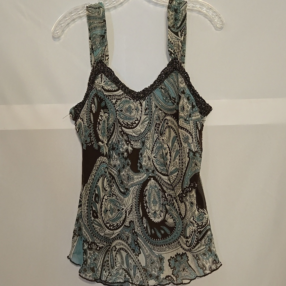 Apt.9 Tank, Blouse, Top, Sz M, Blue, Cream, Brown, Gold Trim Paisley, Lace